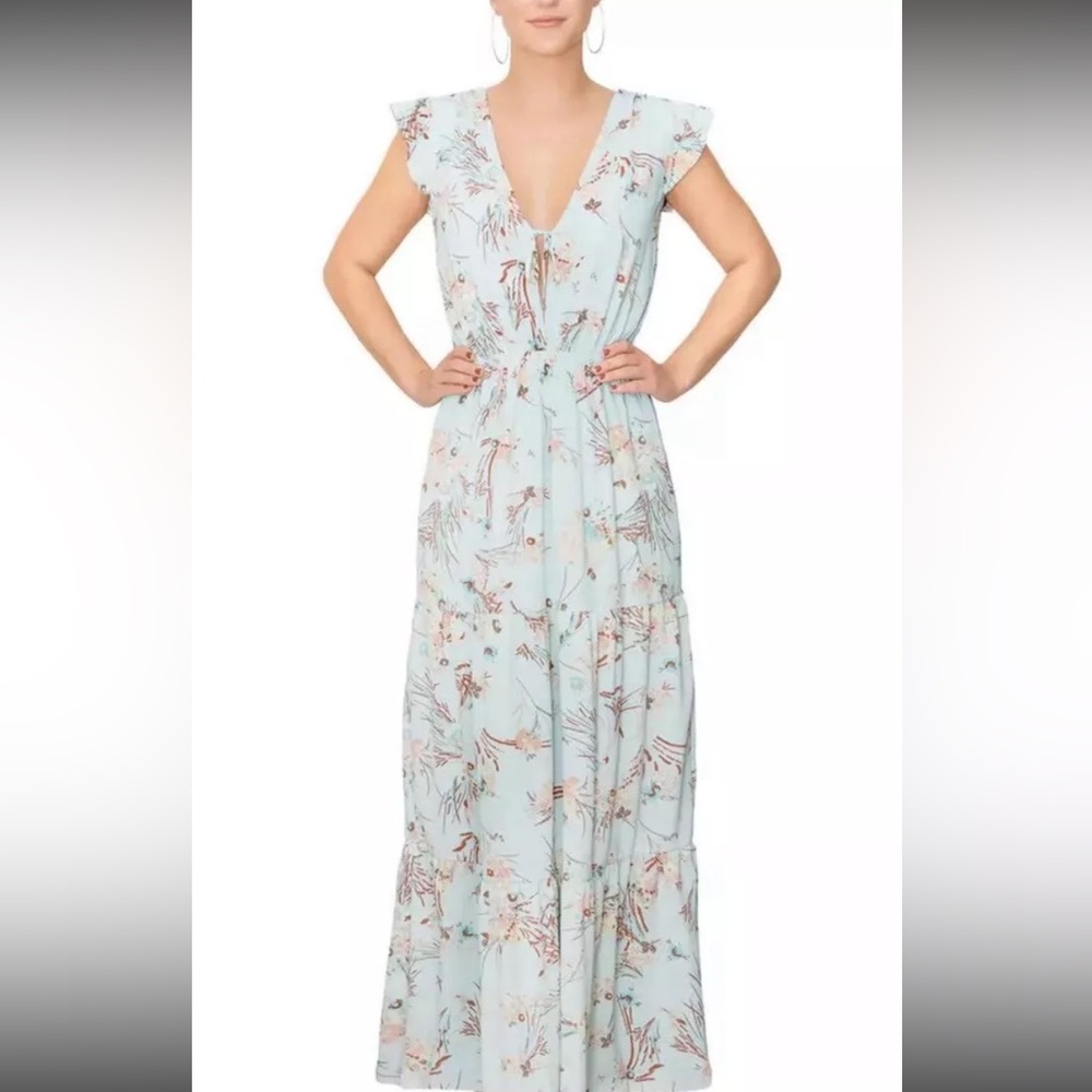 😍Rachel Rachel Roy Crepe Floral Flutter Sleeves Maxi Dress Sky Floral